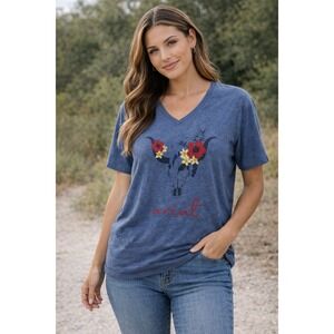 Ariat Real Blue Heather Steer Skull Floral Graphic V-Neck T-Shirt - 2X